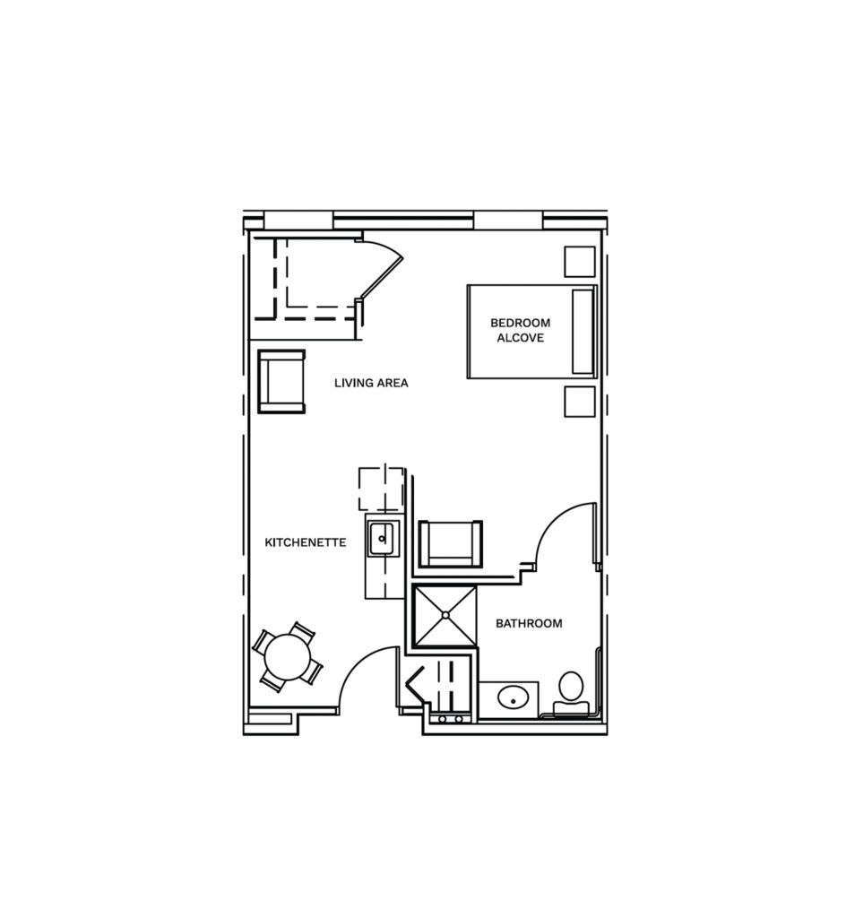 Inspirations of Mount Washington floor layout offers a studio bedroom, large living and dining area, a small kitchenette, and a large bathroom.