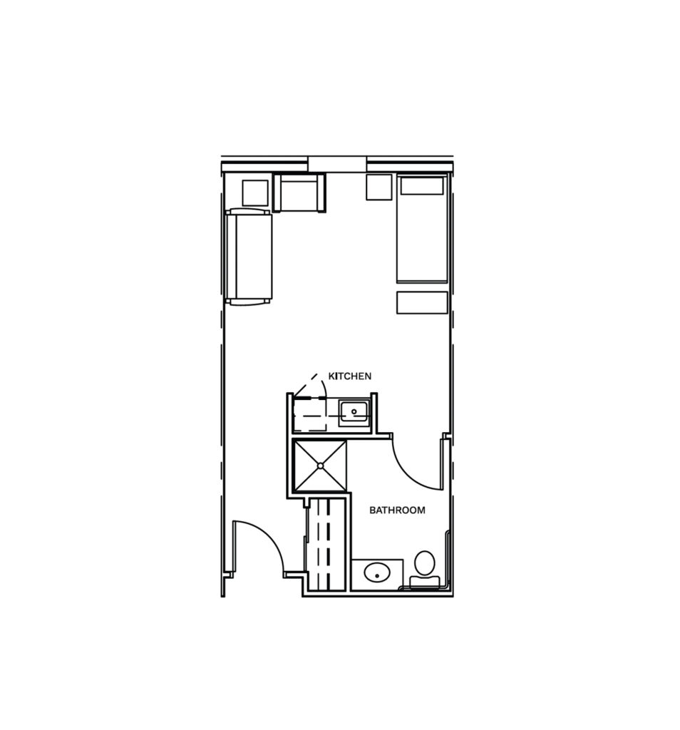 Inspirations of Mount Washington floor layout offers a studio bedroom, small living area, a small kitchenette, and a spacious bathroom.