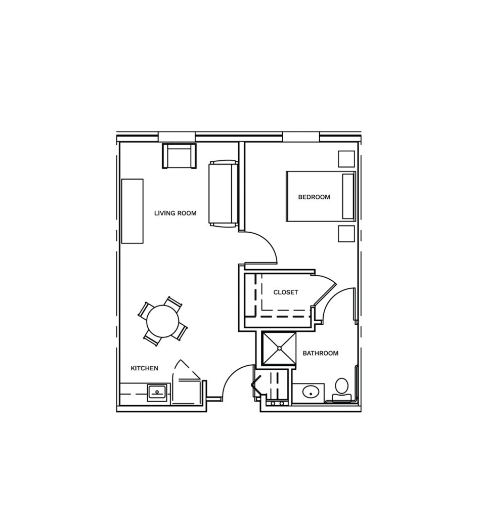 Inspirations of Mount Washington floor layout offers one bedroom, one bathroom, a large living and dining area, and a small kitchenette.