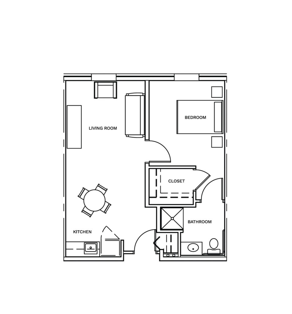 Inspirations of Mount Washington floor layout offers one bedroom, one bathroom, a large living and dining area, and a small kitchenette.