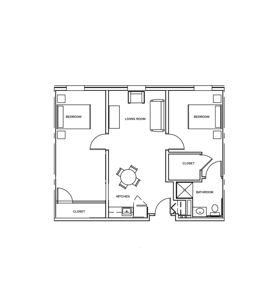Inspirations of Mount Washington floor layout offers two bedrooms, one bathroom, a large living and dining area, and a small kitchenette.