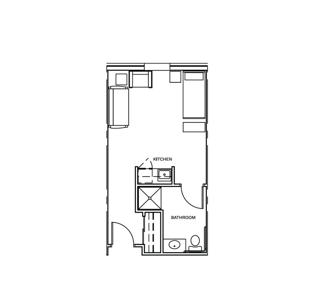 Inspirations of Mount Washington floor layout offers a studio bedroom, small living area, a small kitchenette, and a spacious bathroom.