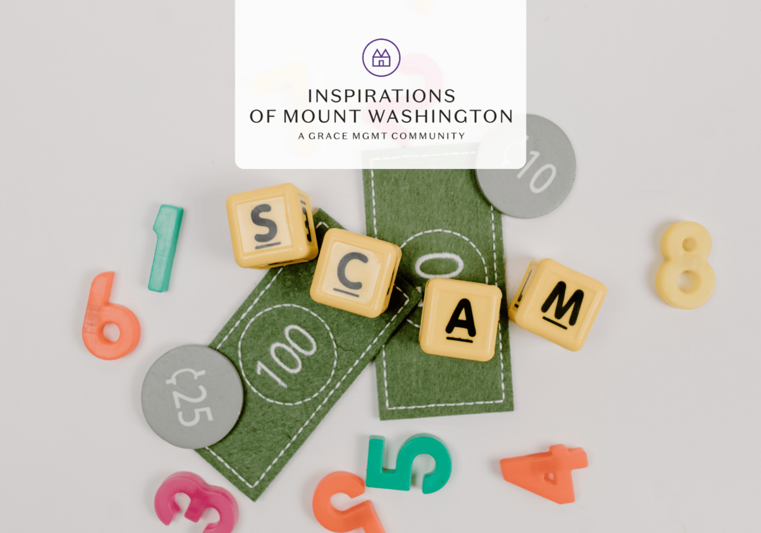 White card with logo and text 'Inspirations of Mount Washington' floating over a pile of colorful number blocks and a green playmat, suggesting a children-focused community.