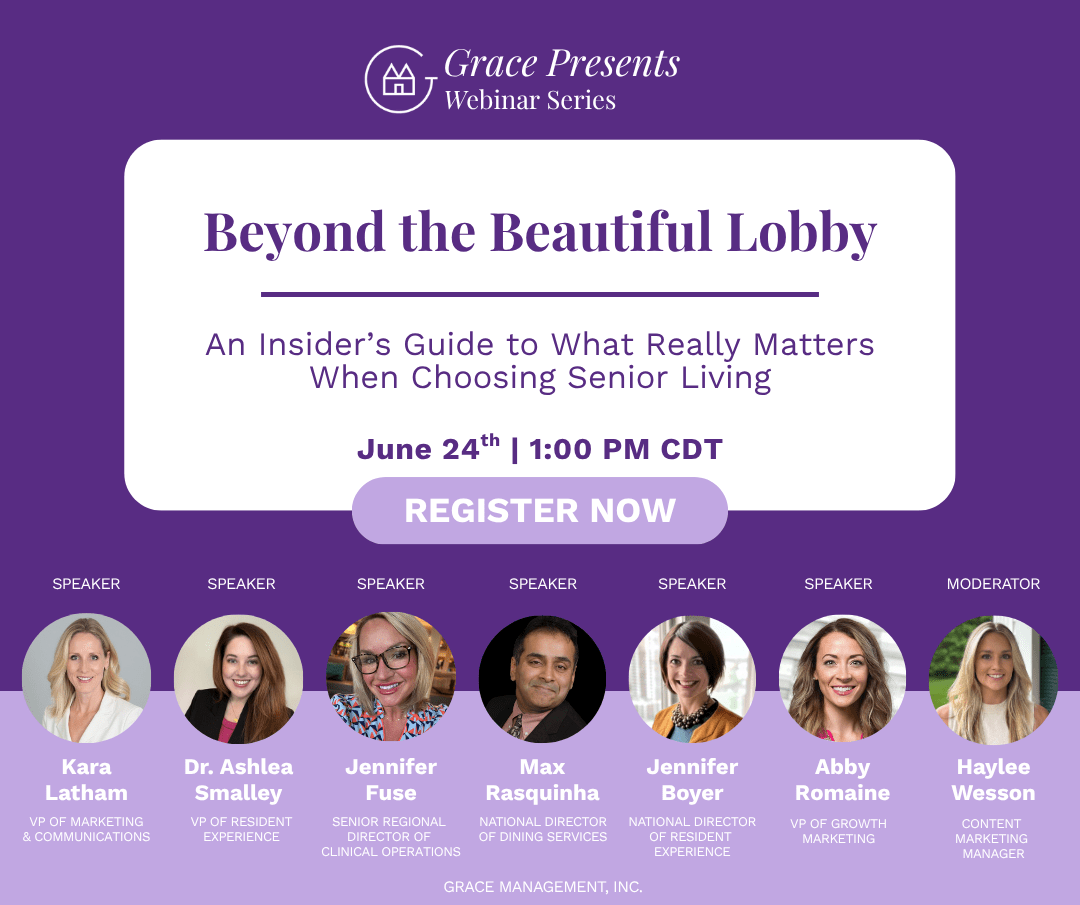 Promotional banner for the Grace Presents webinar 'Beyond the Beautiful Lobby' with a prominent Register Now button and speaker headshots at the bottom.