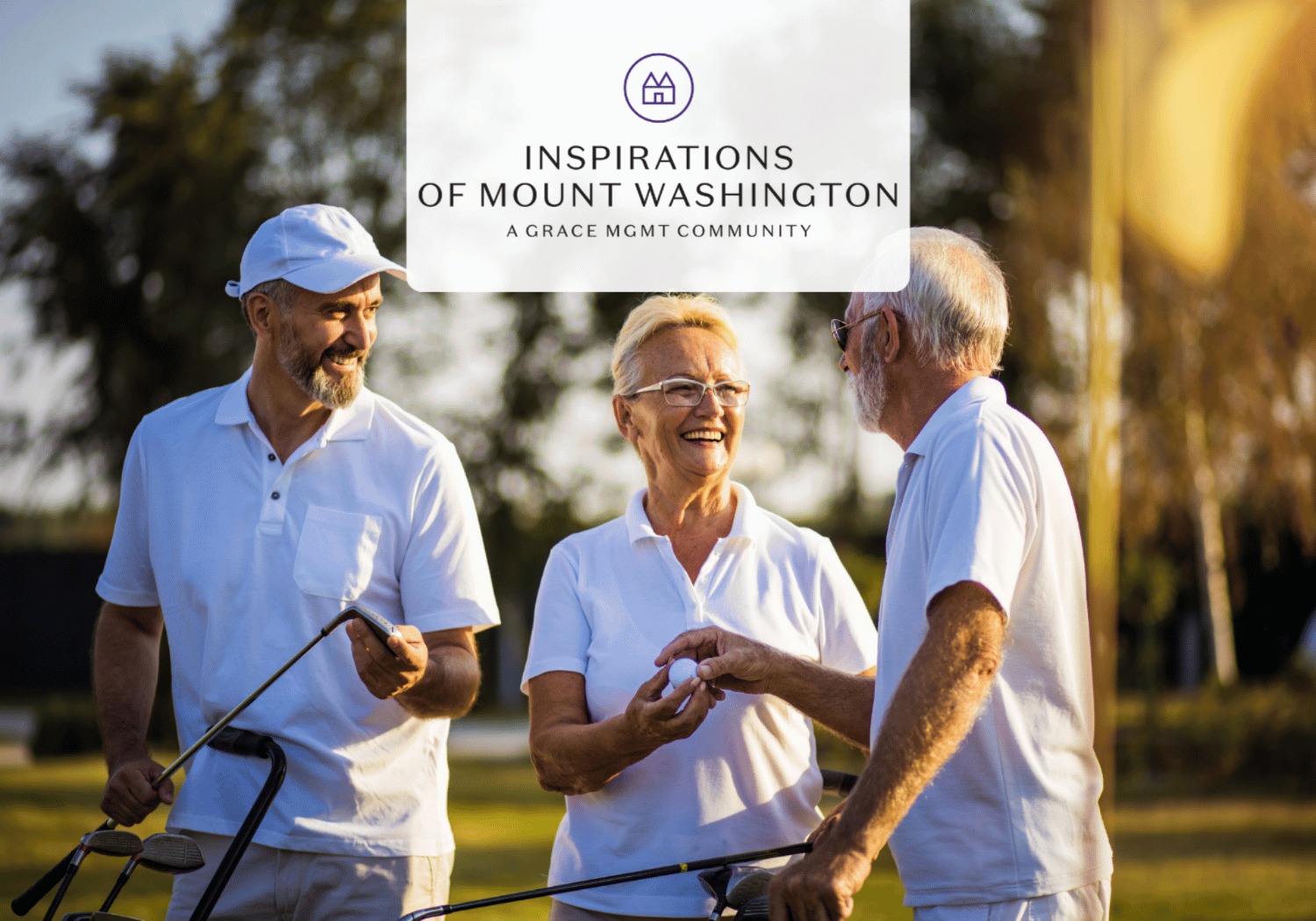 Three senior friends in white polo shirts laugh and chat outdoors, holding golf clubs on a sunny day, with a branding panel above.