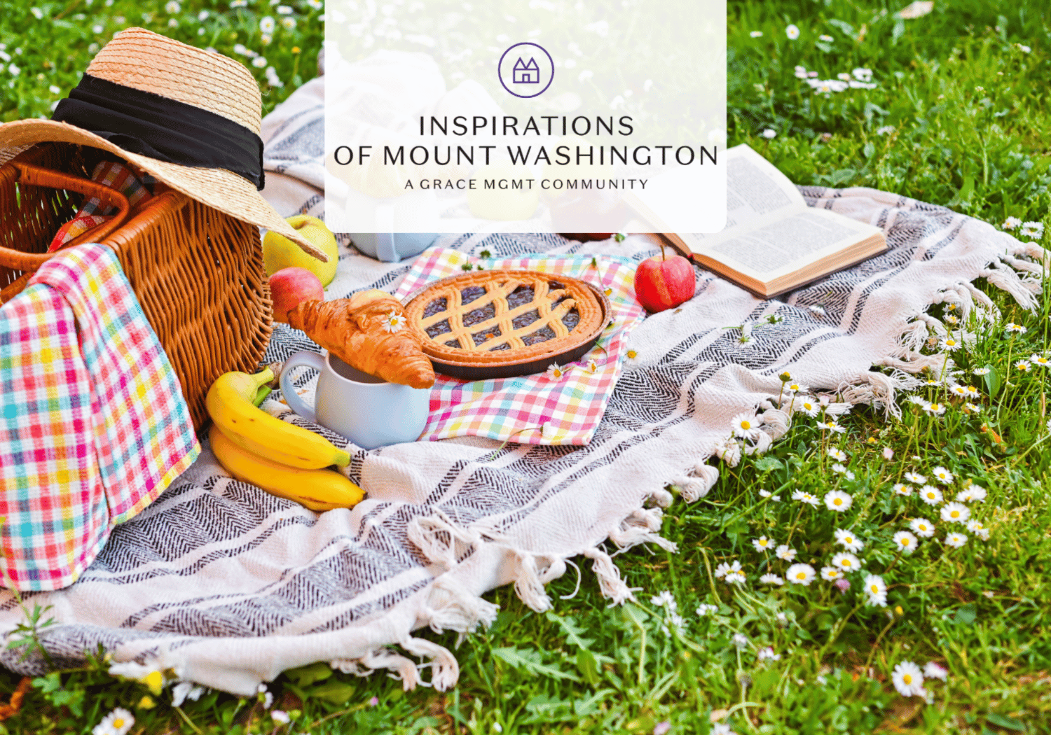 Picnic blanket spread on grass with a wicker basket, straw hat, plaid cloth, fruit (bananas, apples), a pie, a croissant in a mug, and an open book; daisies surround the scene.
